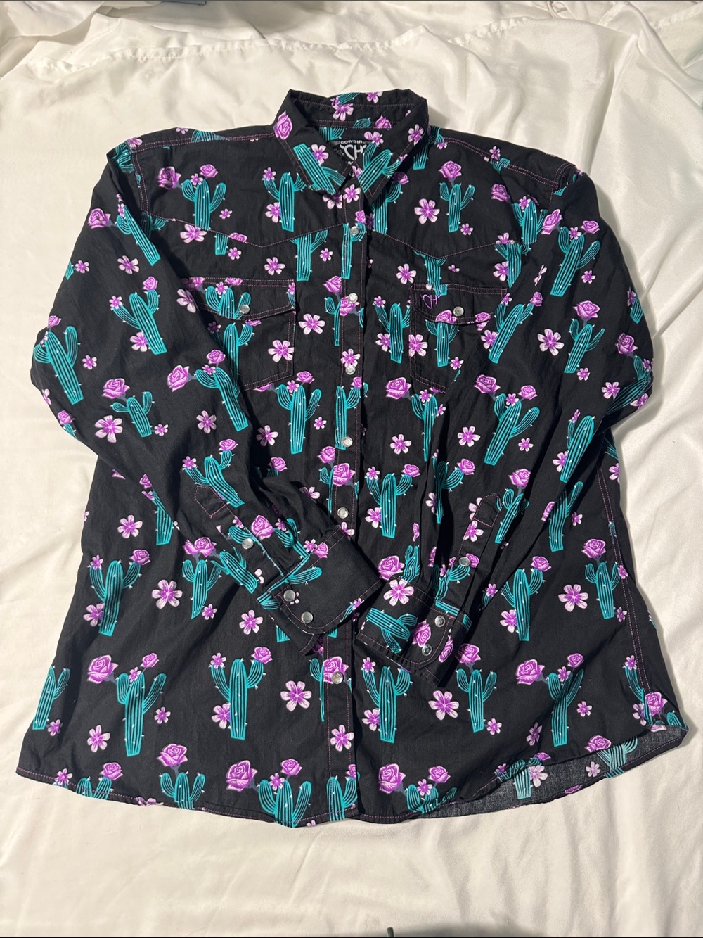 Cowgirl Hardware XL Cactus Floral Snap-Up Western Shirt Black Rodeo country